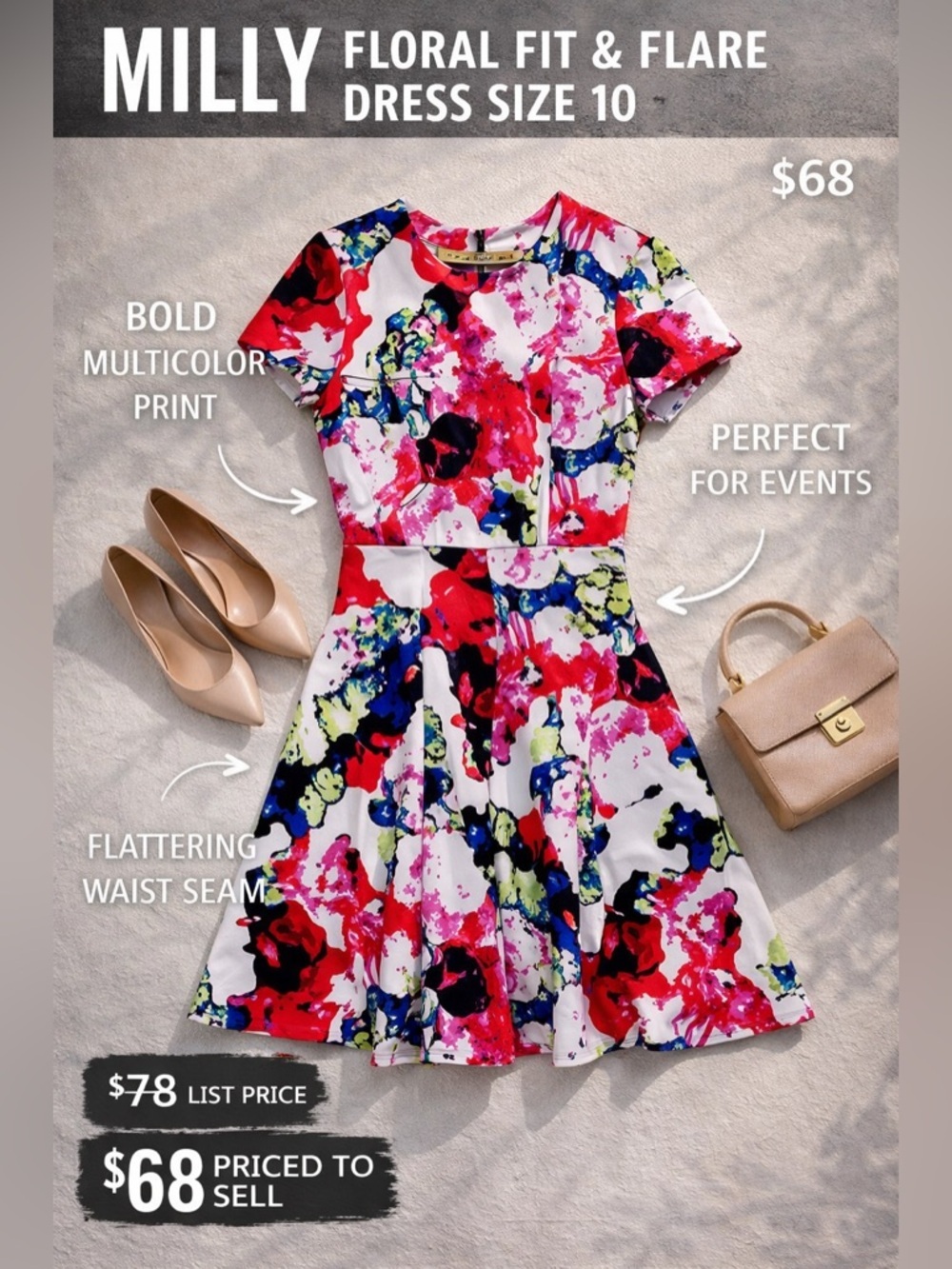 Milly Floral Fit & Flare Dress Size 10 Short Sleeve Bright Print